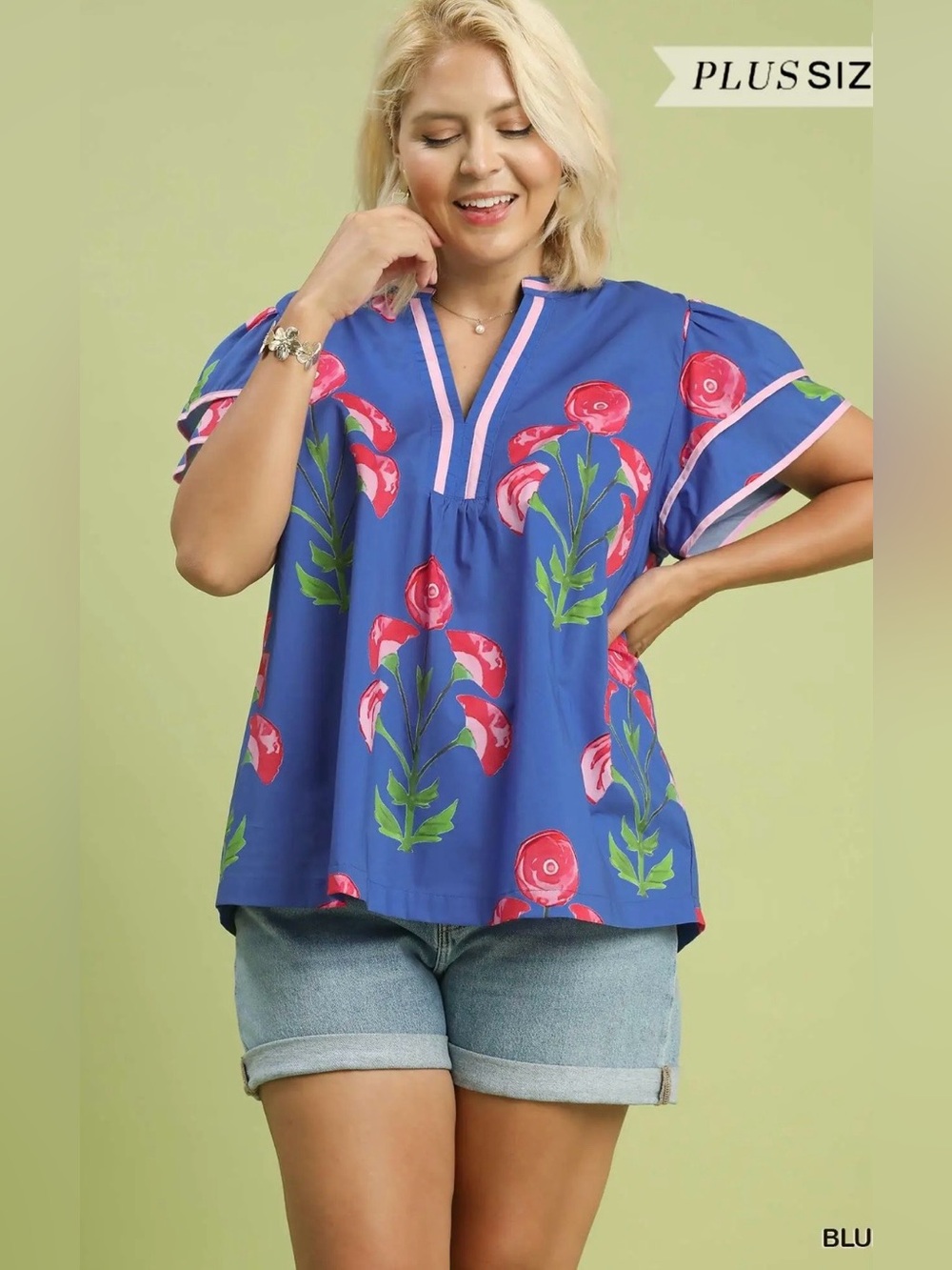 New! Umgee Cotton Plus Size Blue Floral V-Neck Women’s Top Size X Large